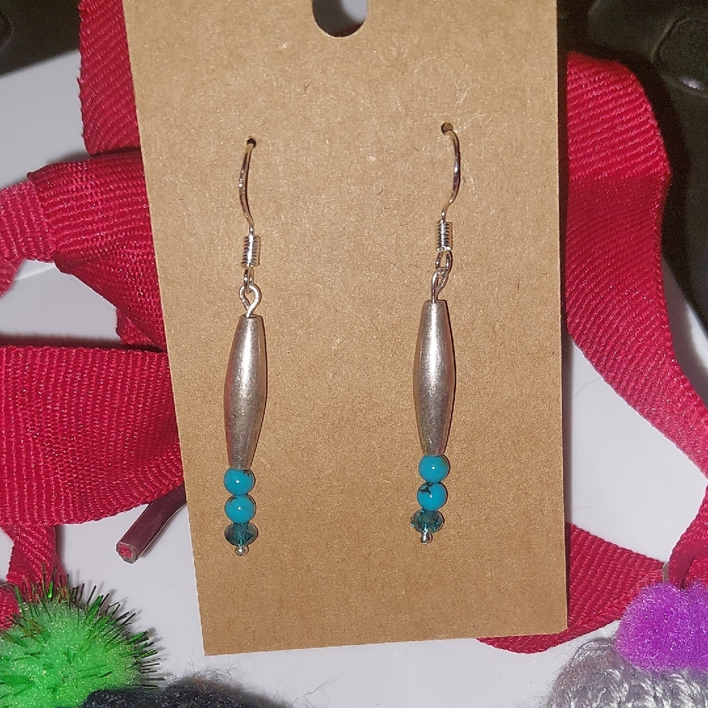 Silver&Real Turquoise Beaded Earrings.Handmade .Vintage Silver Beads & Turquoise